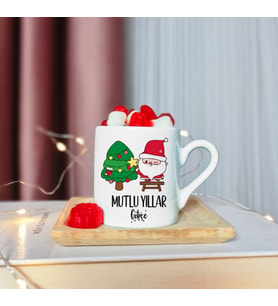 Mutlu Yıllar & Merry Christmas Yılbaşı Tasarımlı Ahşap Tabaklı Kişiye Özel Türk Kahvesi Fincanı