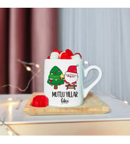Mutlu Yıllar & Merry Christmas Yılbaşı Tasarımlı Ahşap Tabaklı Kişiye Özel Türk Kahvesi Fincanı