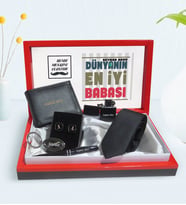 BK Gift Kişiye Özel Dünyanın En İyi Babası Tasarımlı Mesajlı Kutuda Cüzdan Çakmak Kalem Anahtarlık Kravat ve Kol Düğmesi Hediye Seti-1