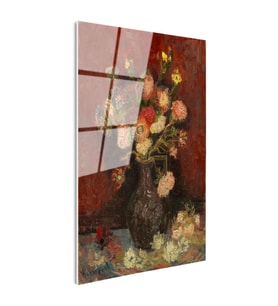 Tamperli Gerçek Cam Tablo Vincent van Gogh Vazoda Pembe Kırmızı Çiçek Ressam Tablosu Duvar Dekoru