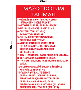 Metal Mazot Dolum Talimatı 20cm x 30cm A4 Büyüklüğünde Uyarı Levhası Yönlendirme Tabelası