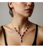 Accessories Kırmızı Mekik Taşlı Su Yolu Kolye Küpe Takı Seti - Düğün, Kına, Nişan Gelin Takı Seti