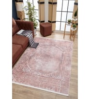 Pembe Eskitme Görünümlü Madalyon Desenli Salon Halısı Dijital Baskı Yumuşak Doku