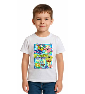 Unisex Sungerbob Baskılı Çocuk Tişört pamuklu penye kumaş (Beyaz)