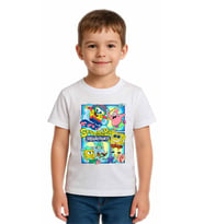 Unisex Sungerbob Baskılı Çocuk Tişört pamuklu penye kumaş (Beyaz)