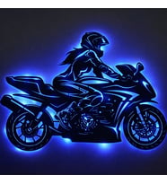 Lucenda LED Işıklı Kadın Motorcu Silüet Tablo Modern Motosiklet Duvar Dekoru (Mavi)