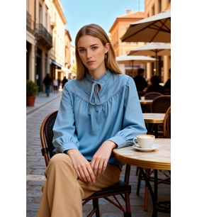 Kadın Bluz Relaxed Fit Yaka Uzun Kol Denim Kumaş Bağlama Detaylı Düz Desen Casual Ortam
