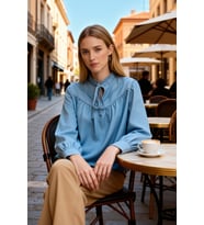 Kadın Bluz Relaxed Fit Yaka Uzun Kol Denim Kumaş Bağlama Detaylı Düz Desen Casual Ortam