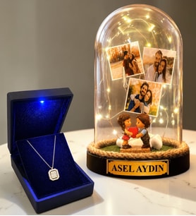 Kişiye Özel 3 Fotoğraflı Yazılı LED Fanus(kalp tutan aşıklar) ve 925 Ayar Gümüş Gold Baget Kolye