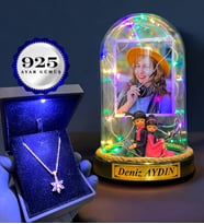 Kişiye Özel Renkli Led Işıklı Fanus ve Işıklı Kutuda 925 Ayar Gümüş Lotus Kolye (Model 7)