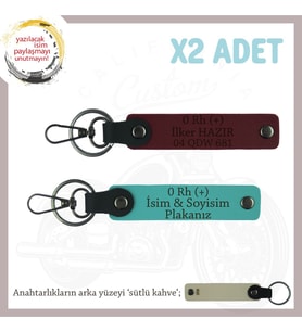 Motorcu Yolculara, İsim Plaka ve 0 Rh (+) Kan Grubu Yazılı Hediye x2 Anahtarlık, K Turkuaz-Bordo-SK (Çok Renkli)