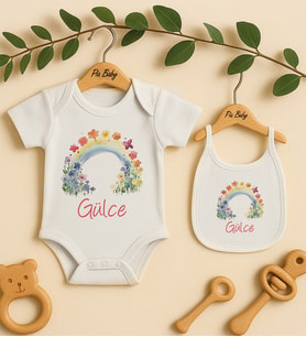 Pia Baby Premium %100 Pamuk İsme Özel Organik Baskılı Çıtçıtlı Bebek Body Ve Önlük 5057-20 (Ekru)