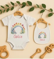 Pia Baby Premium %100 Pamuk İsme Özel Organik Baskılı Çıtçıtlı Bebek Body Ve Önlük 5057-20 (Ekru)