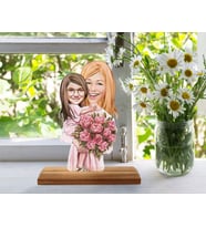 BK Gift Kişiye Özel Anne Kız Karikatürlü Ahşap Standlı Pleksi Biblo-20, Aileye Hediye , Arkadaşa Hediye