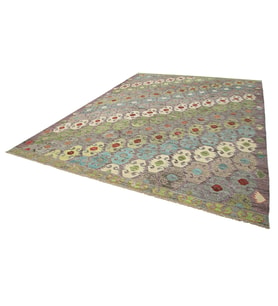 Çok Renkli Geometrik Motifli Salon Halısı El Dokuma Eskitme Stil Bukle Yüzeyli Özel Seri