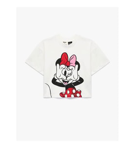 Koton Minnie Mouse Baskılı Lisanslı Crop Ekru Kız Çocuk T-Shirt 6SKG10183AK