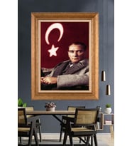 Altın Varaklı Çerçeveli Paspartulu Atatürk Tablo nh208 (Gold)