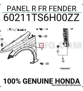 Honda Civic Ön Çamurluk Sağ 2012-  (Oem No:  60211Ts6H00Zz)