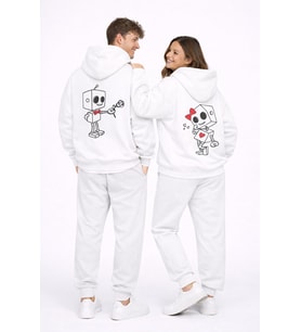 Robot Baskılı Sevgili Kombini Oversize Hoodie Seti Kadın Erkek Unisex (Beyaz)