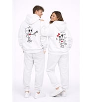 Robot Baskılı Sevgili Kombini Oversize Hoodie Seti Kadın Erkek Unisex (Beyaz)