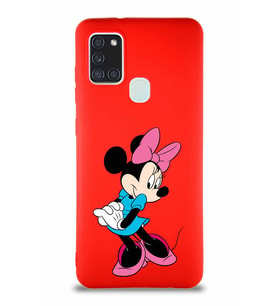 Samsung Galaxy A21S Soft Premier Kapak Minnie Mouse-F Tasarımlı Silikon Kılıf - Kırmızı (Şeffaf)