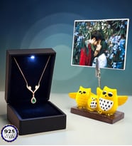 Size Özel Fotoğraflı Led Işıklı Kutusunda 925 Ayar Gümüş Safir Taşlı Damla Kolye (Baykuşlu)