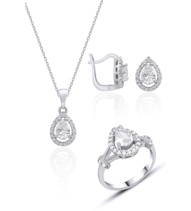 Kadın Gümüş Set Damla Pırlanta Model Üçlü Set  925 Ayar ST146 (Rodyum)