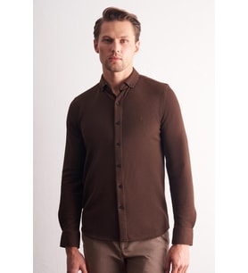 Kahverengi Uzun Kol Düğmeli Yaka Kendinden Desenli Pamuklu Slim Fit Gömlek 1004255267