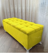 Çizgi Kapitoneli Sandıklı Puf 100 cm Beyaz Ayak (Sarı)