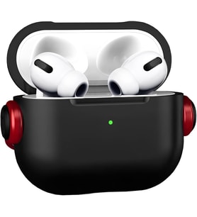 Airpods 4 Uyumlu DjPods Sert Malzemeli Dayanıklı Koruyucu Kilitli Kapak Askı Aparatlı Kılıf (Siyah - Kırmızı)