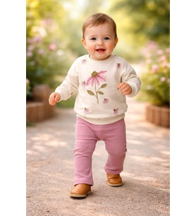 Kız Bebek Krem Çiçek Detaylı Sweat ve Kadife Taytlı Takım 6-24 Ay - KREM / 6-9 AY