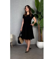 Kadın Kısa Kollu V Yakalı Beli Kuşaklı Ithal Keten Elbise