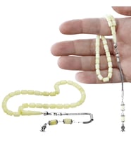 Damla Kehribar Tesbih - 925 Ayar Gümüş Püsküllü - Sarı Beyaz Renk - Kapsül Kesim