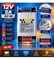 12 Volt 5 Amper 60 Watt Ultra Slim Metal Kasa Trafo