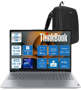 Lenovo Thinkbook 16 Gen 8 Ial Intel Core Ultra 7 255H 16GB Ddr5 512GB SSD Windows 11 Home Intel Arc 140T 16 Inç Wuxga (1920 x 1200) IPS 300NITS Taşınabilir Bilgisayar 21SK007UTXH02 + Zetta Çanta