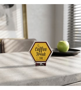 Kahve molası sevenlere özel Coffee Break Time masaüstü süsü, evinizde veya ofisinizde modern ve şık bir görünüm sunar 10x10 cm, Sarı
