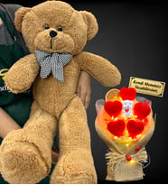 Kişiye Özel Led Işıklı İsimli Ayıcık Buketi ve Büyük Boy 80cm Kahverengi Peluş Ayıcık (Model 3)