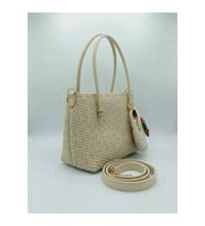 Astarlı Hasır Çanta - Uzun Askılı, Mini Cüzdanlı, Renkli Boncuklu 25cmx32cm