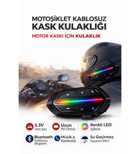 Motosiklet Kask Kulaklığı Bluetooth Intercom RGB LED Işıklı Su Geçirmez Motor Kask Kulaklık