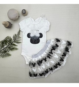 1-2-3 Yaş Payetli  Nakışlı Kısa Kollu Brode Etekli 2li Kız Bebek Takımı Siyah