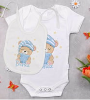 BK Kids Kişiye Özel İsimli Bebek Body Zıbın ve Mama Önlüğü Hediye Seti - Model 7