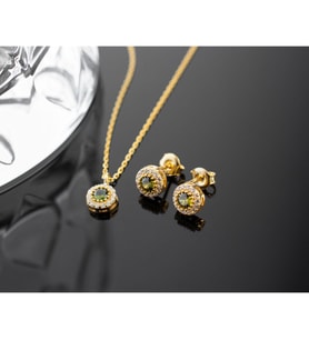 925 Ayar Gümüş Ağustos Ayı Doğum Taşı ( Peridot ) Kolye - Küpe Seti