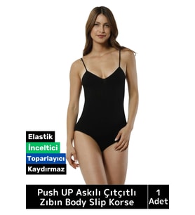 Özel Lazer Kesim İz Göstermez Toparlayıcı Askılı Çıtçıtlı Push UP Slip Body Zıbın Korse (Siyah)