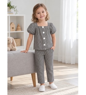 Kız Çocuk Piti Kare Detaylı Pantolon Bluz Takım - 2-3 Yaş / SİYAH