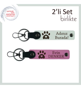 Hayvan Dostuna Güzel Bir Sürpriz, Kalpli Pati Desenli Anahtarlık Seti, İsim Yazılabilir, Beyaz-Pembe