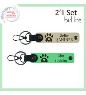 Köpeğinizin İsmine Özel Yazılı Anahtarlık, Kalpli Pati Figürlü 2'li Set, Sütlü Kahve-Fıstık Yeşil