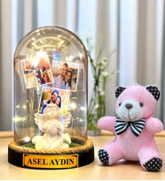 Kişiye Özel Led Işıklı Biblolu Fanus ve Pembe Peluş Ayıcıklı Anahtarlık (Model 2)