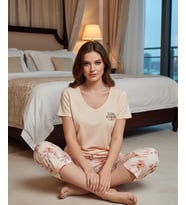 Mihra Kadın Viskon V Yaka Kısa Kol KAPRİ Likralı Pijama Takımı 40111BE - 1 Adet (Bej)