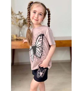 Kız Çocuk Kara Kalem Kelebek Baskılı Penye Pudra T-Shirt Şortlu Takım
