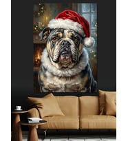 Noel Şapkalı Bulldog Köpek Portresi Dekoratif Kanvas - Mdf Ahşap Tablo